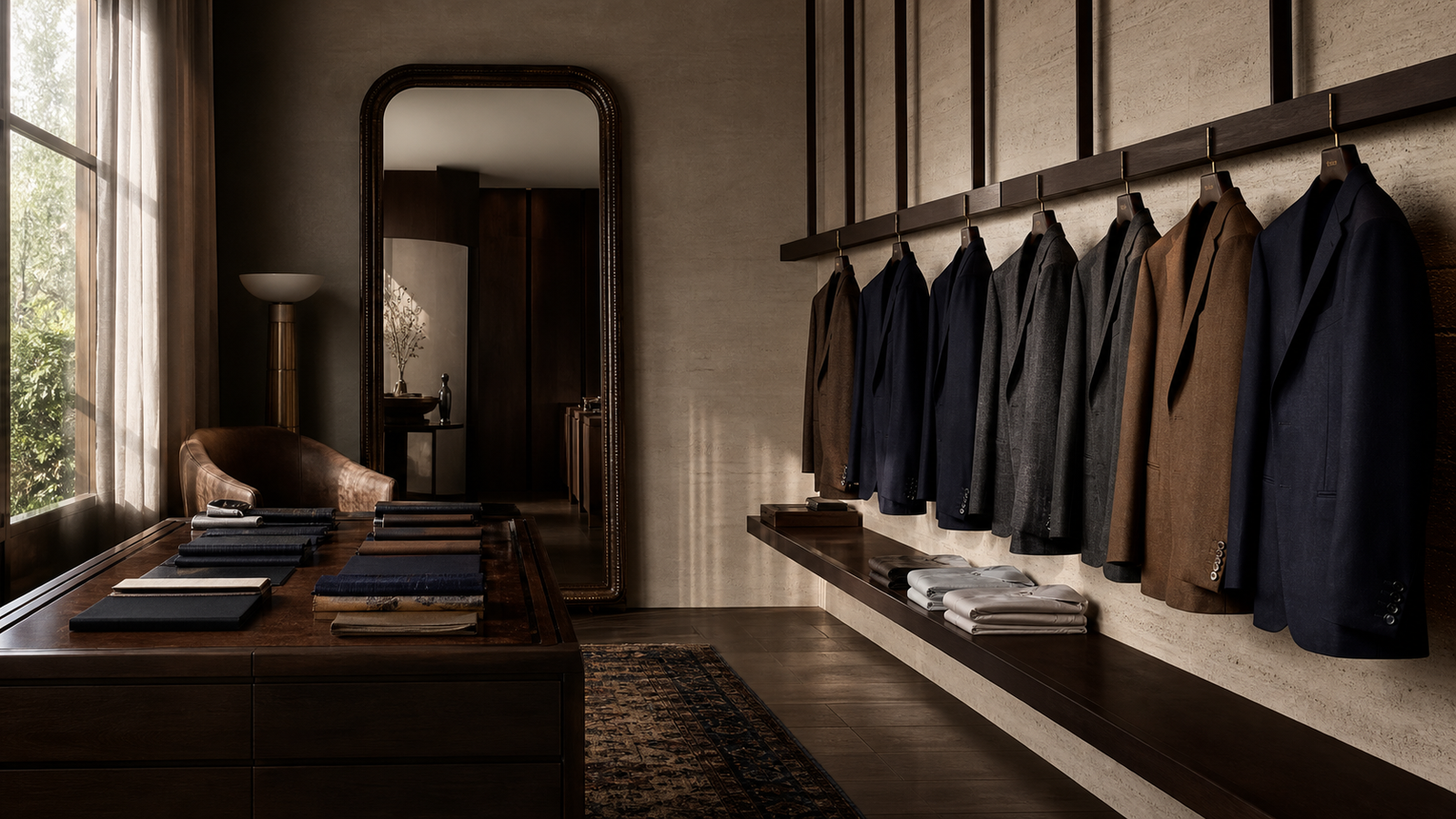The calm interior of an ILB tailoring showroom with a rail of jackets